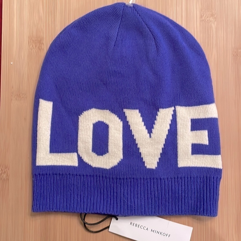 Brand New Rebecca Minkoff Cobalt Blue Love Stadium Beanie Knit Hat